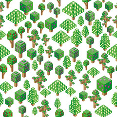 Isometric flowering trees pattern for forest, park, city. Seamless background. Landscape constructor kit icons for game, map, prints, ets.