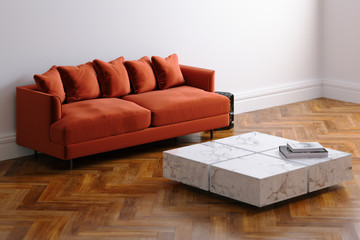 New white living room interior with velvet red minimalistic sofa on wood floor parquet 3d render version 11
