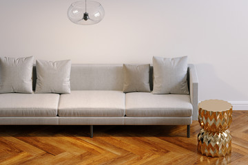 New white living room interior with minimalistic sofa on wood floor parquet 3d render version 2