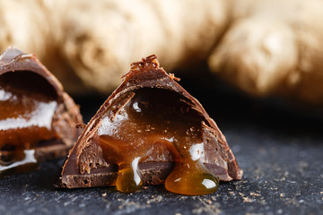 Original chocolate praline candy with liquid salted carame