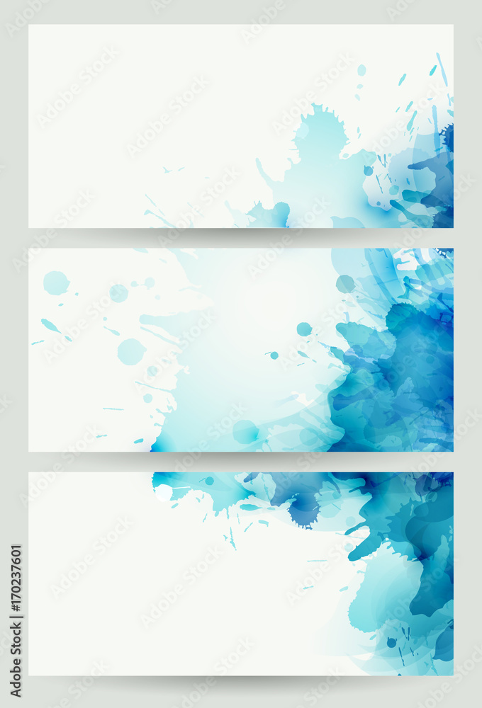 Poster set of three banners, abstract headers with blue blots