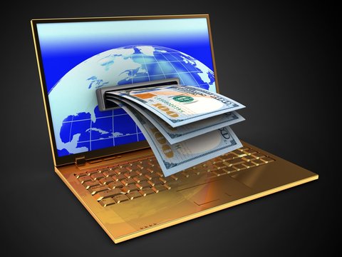 3d golden computer and banknotes