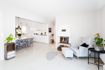 fancy living-room with lit fireplace