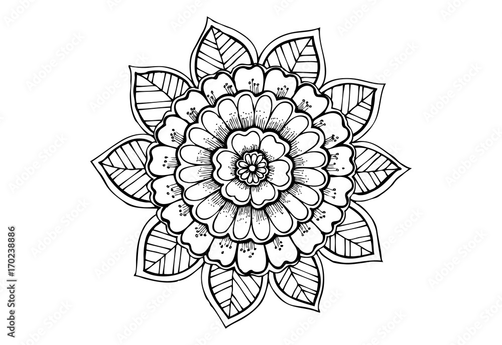 Wall mural Floral mandala in black and white