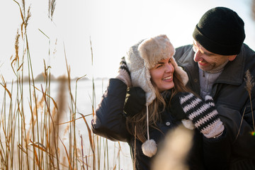 Love couple enjoying their day out during winter