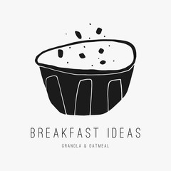 Hand drawn breakfast bowl. Granola illustration on the white background. Food logo