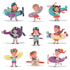 Cute little kids in pilot costumes playing and dreaming of becoming a spaceman set of colorful vector Illustrations © Happypictures