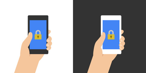 Lock on smartphone screen. Hand holds the smartphone. Modern Flat design illustration.