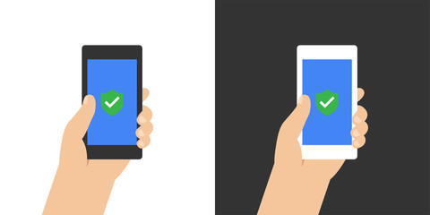 Green Shield on smartphone screen. Hand holds the smartphone. Modern Flat design illustration.