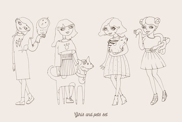Hand drawn girls characters with cute pets as dog, cat, snake and owl. Home lovely pets with loving owners. Pets and owners are similar to each other in outline doodle style.