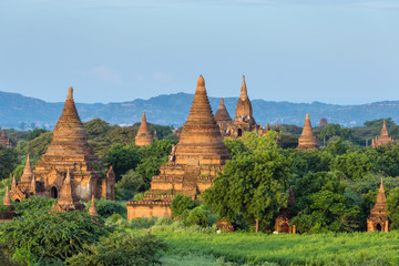 Beautiful sunrise over the ancient pagodas in Bagan, Myanmar