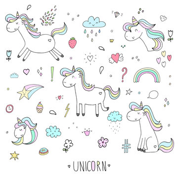 Hand drawn set with Cute unicorn print for kids. Vector illustration.