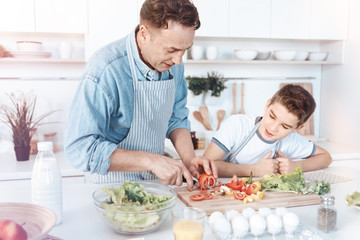 Little son watching his dad cutting vegetables into slices
