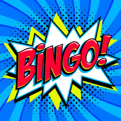 Fototapeta premium Bingo lottery poster. Lottery game background. Comics pop-art style bang shape on a red twisted background.