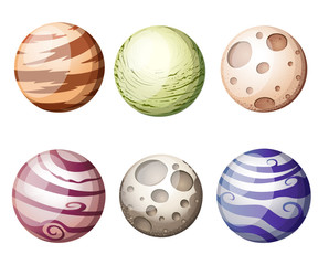 Colorful cartoon fantasy planets set on space background, vector illustration Web site page and mobile app design.