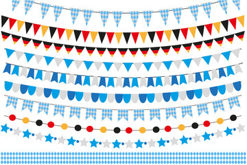 Oktoberfest set of flags, bunting, garland. October fest in germany collection of design elements. Isolated on white background. Vector illustration