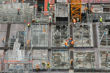 Construction site workers. Aerial, top View