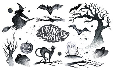 Naklejka premium Halloween hand drawing black white graphic set icon, drawn Hallo