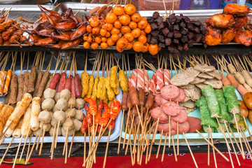 Sausage, meat products and meat balls. Thai style street food.