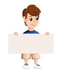School boy holds smiles. Template with place for your text.Vector illustration Web site page and mobile app design.