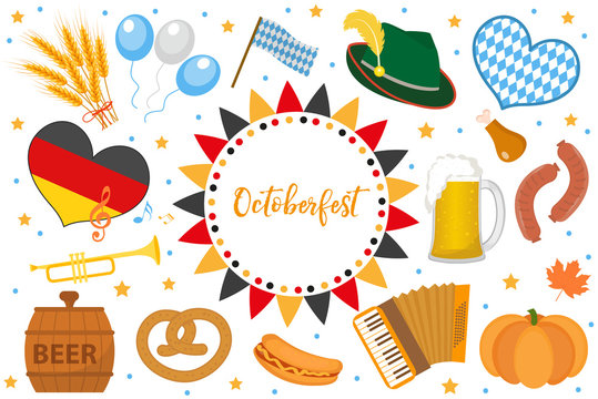 Oktoberfest icon set, flat or cartoon style. October fest in germany collection of traditional symbols, design elements with beer, food, cap. Isolated on white background. Vector illustration