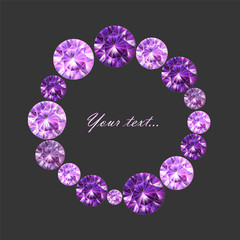 Greeting card with purple gems on the dark gray background, vector illustration © mila_1989