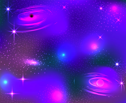 Space background, sky, stars, and planets in beautiful colors. Vector illustration