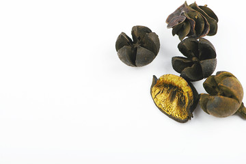 Close-up of dry mix for aromatic effect spilled on white background. Copy space