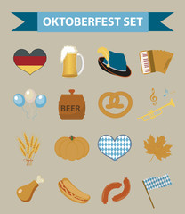 Oktoberfest icon set, flat or cartoon style. October fest in germany collection of traditional symbols, design elements with beer, food, cap. Isolated on white background. Vector illustration