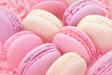 Raspberry and strawberry pink macarons on pastel valentine decor; sweeties background