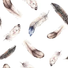 Gordijnen Aquarel natuurlijke vogels veren boho patroon. Boheemse naadloze textuur met hand getrokken veren. Feather boho illustratie voor uw ontwerp. Heldere blauwe kleuren decoratie. © kris_art
