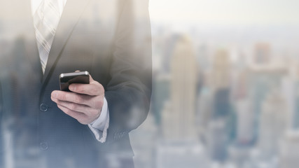 business man using mobile smartphone, close up of a copy space