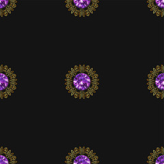 Seamless pattern with beautiful golden ornaments and purple gems on black background