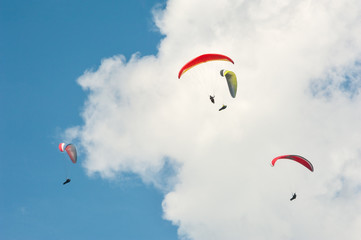 Paragliding in the blue sunny sky. Group of paragliders fly in summer sunny day. Carpathians, Ukraine. Paragliders against the background of clouds.