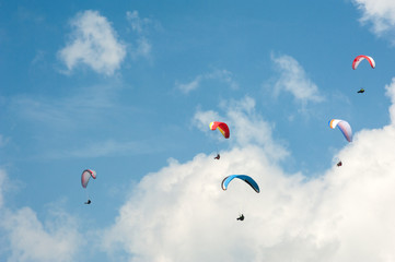 Paragliding in the blue sunny sky. Group of paragliders fly in summer sunny day. Carpathians, Ukraine. Paragliders against the background of clouds.