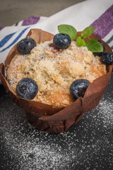 Blueberry muffins with powdered sugar and fresh berries
