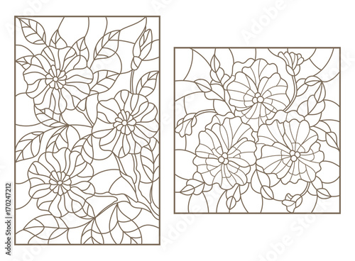 "Set contour illustrations of stained glass with flowers, a Pansy and a