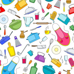 Seamless pattern on the theme of cooking and kitchen utensils, simple painted icons on white background