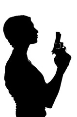 Silhouette of woman private detective with gun in her hand. Agent stay side to camera and looks like mafioso. Criminal scene. Studio shot