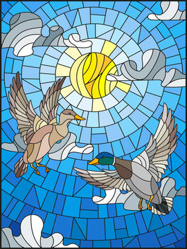 Illustration in stained glass style with two ducks on the background of sky, sun and clouds