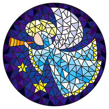 Illustration in stained glass style with an abstract angel in pink robe blowing pipe , round picture