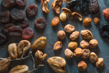 Background of dried fruits dried apricots, figs and pears