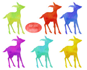 Set, collection of watercolor colorful baby deer silhouettes illustration, hand painted isolated on a white background