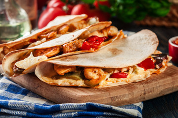 Mexican Quesadilla with chicken, sausage chorizo and red pepper
