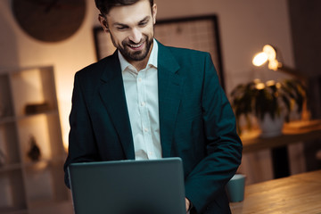 Enigmatical brunette looking at his laptop