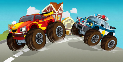cartoon off road car chase with police - illustration for children