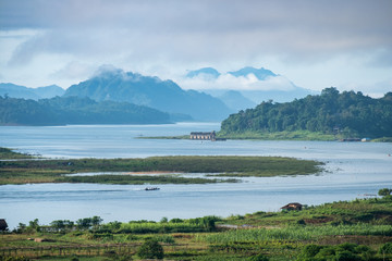 Scenic beautiful temple in dam at sangkhlaburi