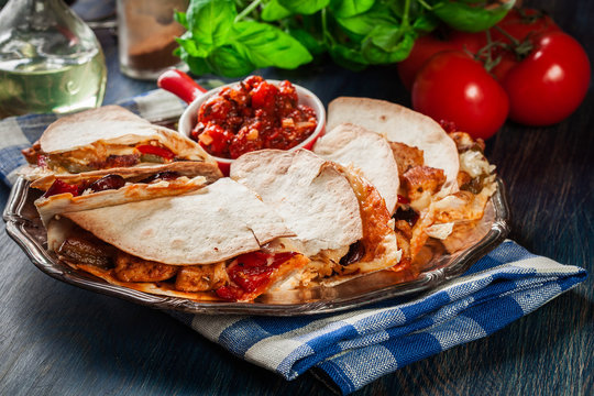 Mexican Quesadilla with chicken, sausage chorizo and red pepper