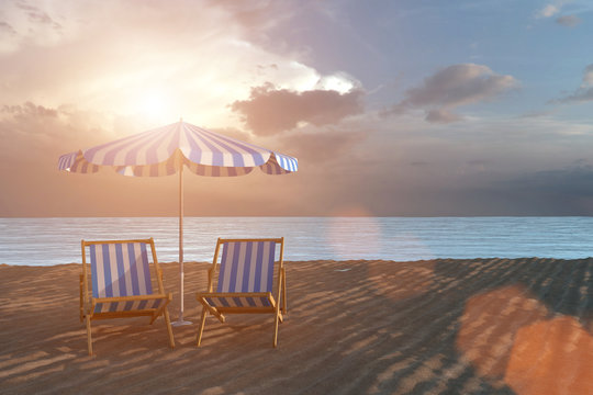 Endlich Urlaub. Zwei Liegestühle am Strand mit Sonnenschirm. Im Hintergrund das Meerund bewölkter Himmel mit Sonne. Erstellt in 3D