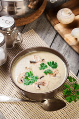 Obraz na płótnie Canvas Mushroom cream soup with herbs and spices